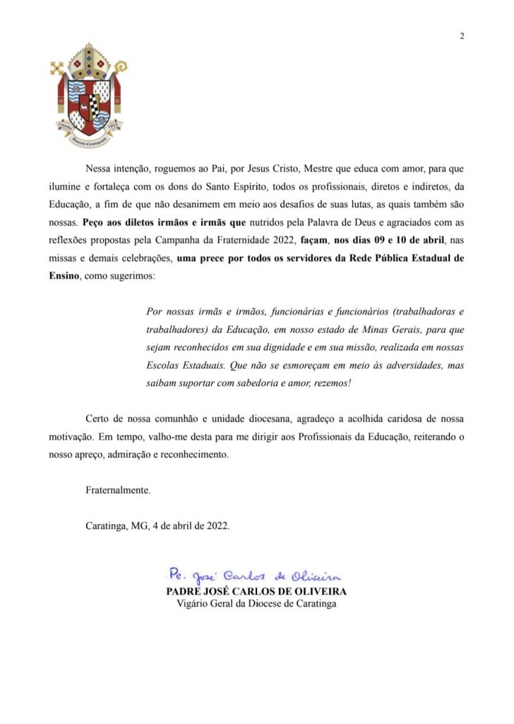 Diocese De Caratinga Diocese De Caratinga Envia Carta De Apoio Aos